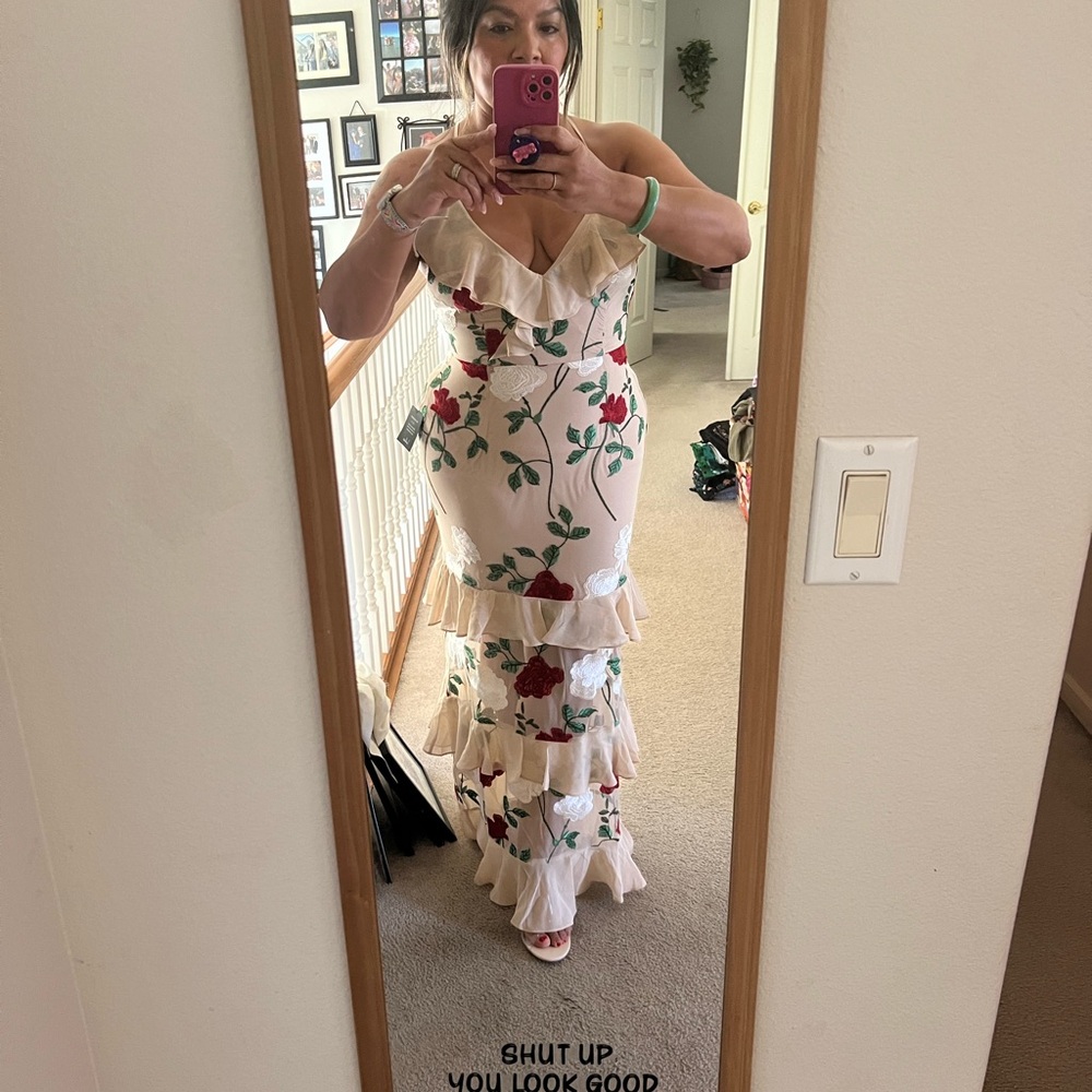 True to Heart Beige Floral Embroidered Ruffled Tiered Maxi Dress - Picture 6 of 6